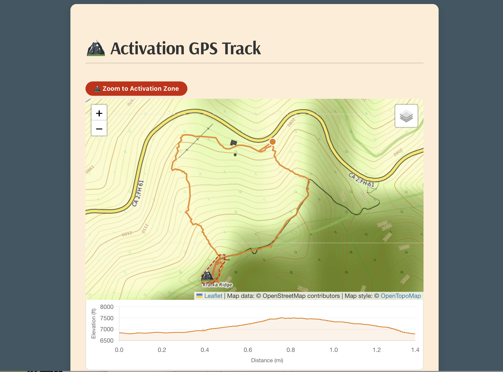 GPX track map with elevation chart and Zoom to Activation Zone button